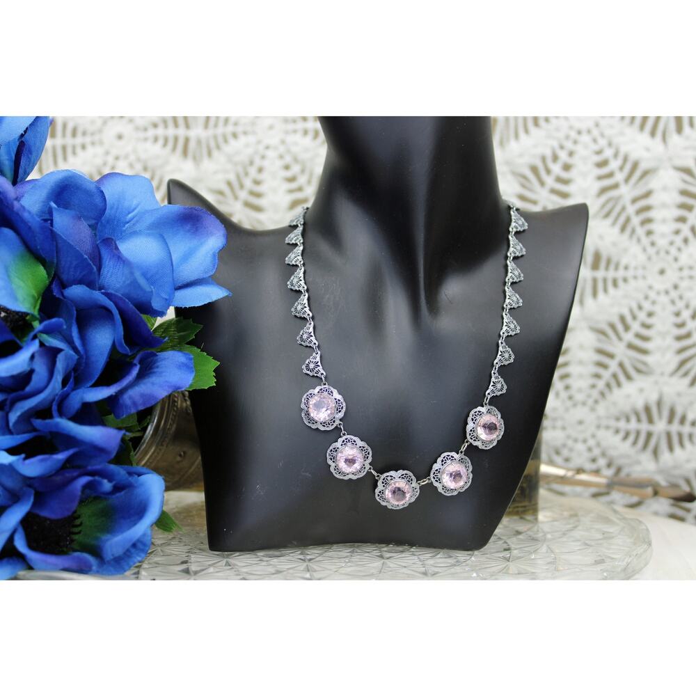 Helgen Mfg. Co. Art Nouveau Rhodium Plated Pink Glass Floral Filigree Necklace